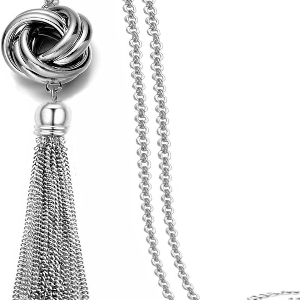 Long Tassel Necklace Silver Tone Lovely Knot Tassel Pendant Knot Snake Chain for
